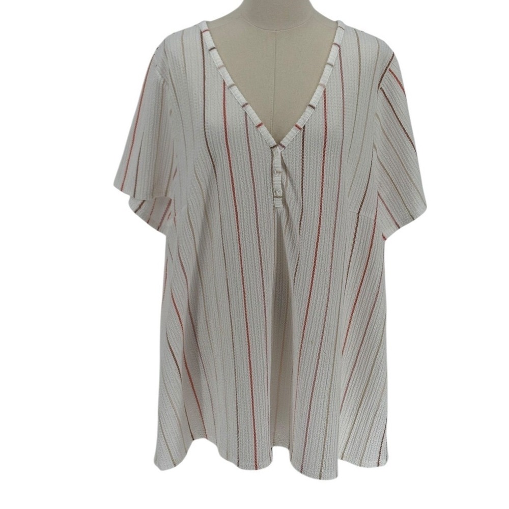 Lane Bryant Women's White Striped V-Neck Button Front Top Plus‎ Size 22 24